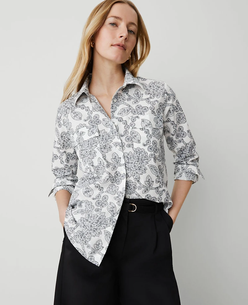 Ann Taylor Petite Weekend Collection Paisley Pocket Blouse Winter White Women's