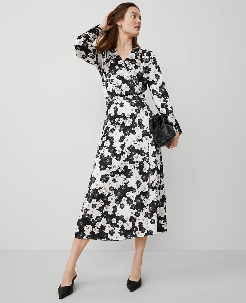 Ann Taylor Petite Floral Satin Wrap Bodysuit Black Women's