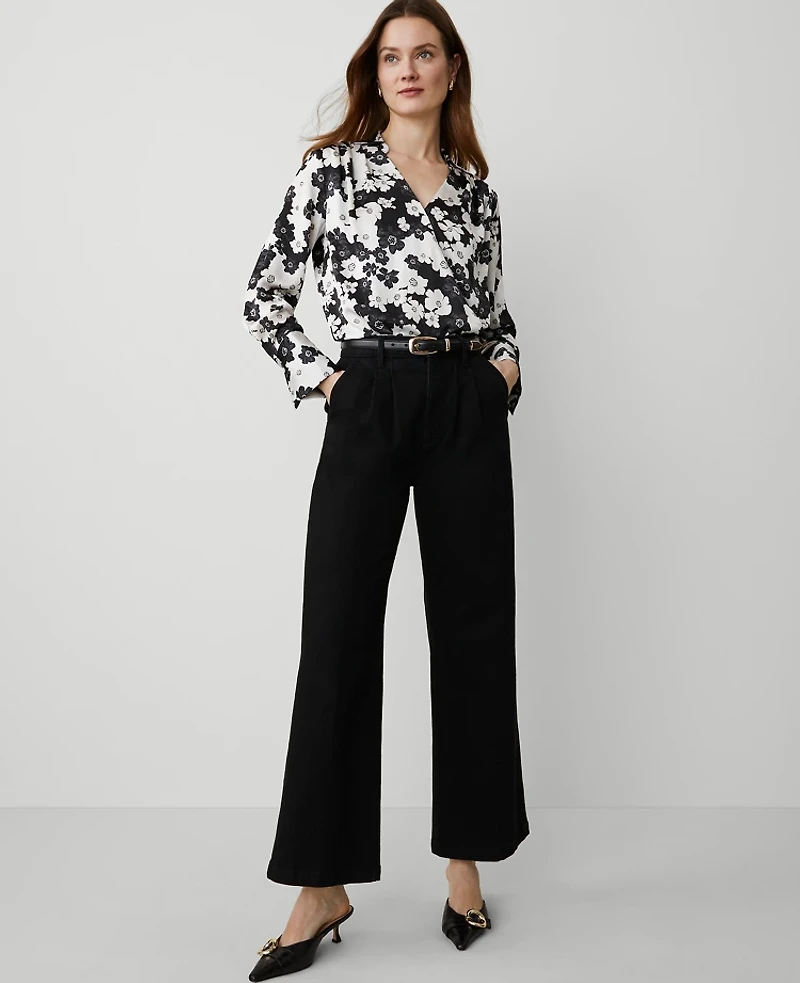 Ann Taylor Petite Floral Satin Wrap Bodysuit Black Women's