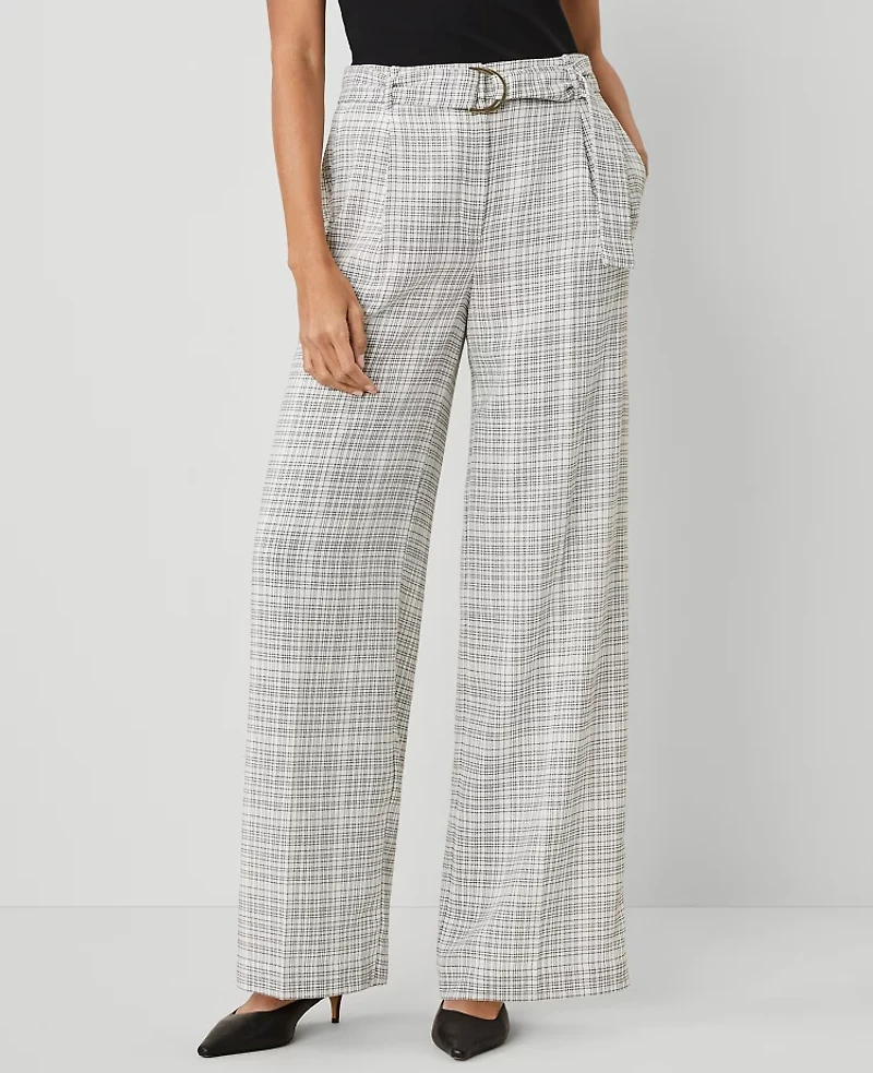 Ann Taylor The Petite Belted Pleated Wide-Leg Pant in Plaid Size 12 Ivory Multi Women's