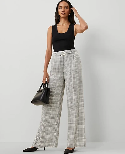 Ann Taylor The Petite Belted Pleated Wide-Leg Pant in Plaid Size 12 Ivory Multi Women's