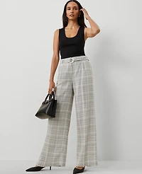 Ann Taylor The Petite Belted Pleated Wide-Leg Pant in Plaid Size 12 Ivory Multi Women's