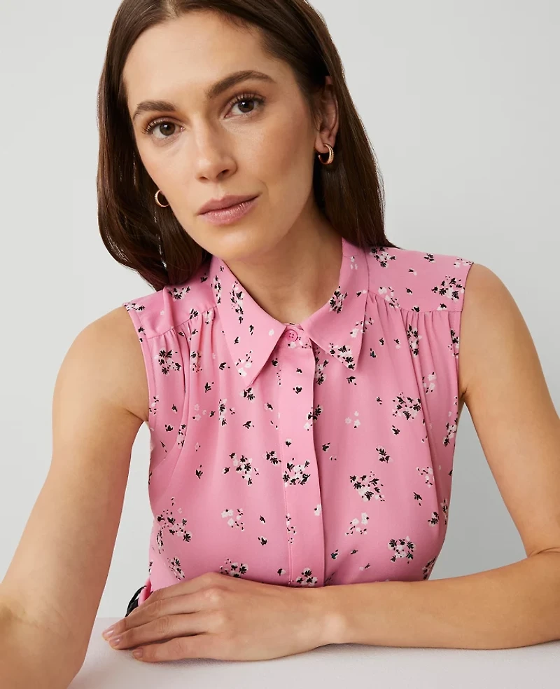 Ann Taylor Floral Shirred Sleeveless Shirt Size Large Enchanted Pink Women's