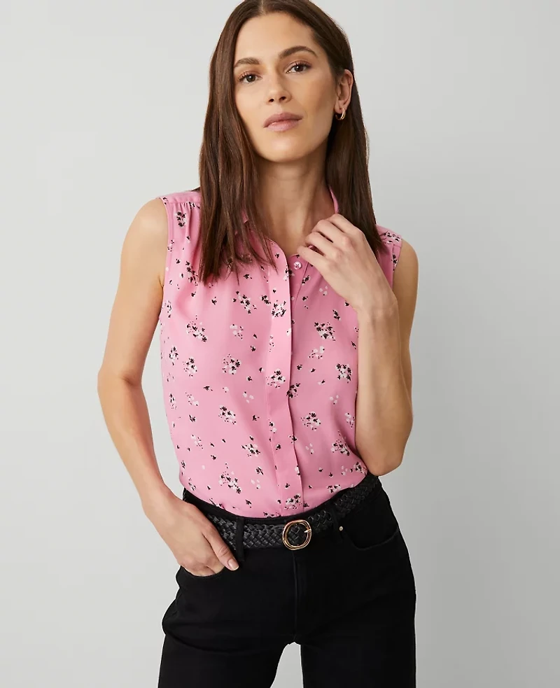 Ann Taylor Floral Shirred Sleeveless Shirt Size Large Enchanted Pink Women's