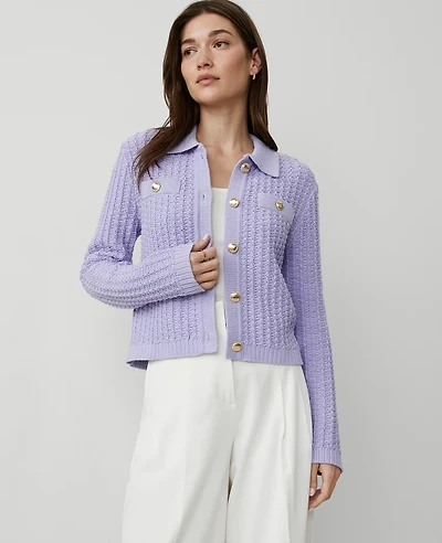 Ann Taylor Petite Stitched Collared Sweater Jacket Size Large Lilac Bud Women's