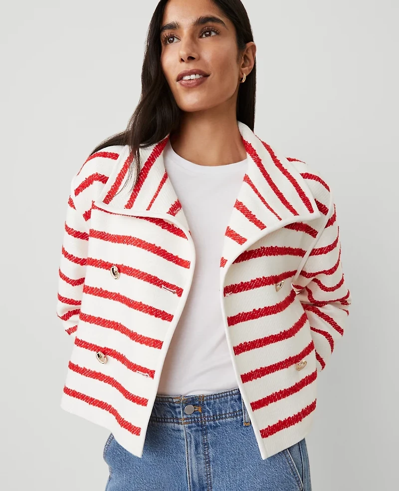 Ann Taylor Petite Tweed Oversized Double Breasted Jacket Bright Cherry Women's