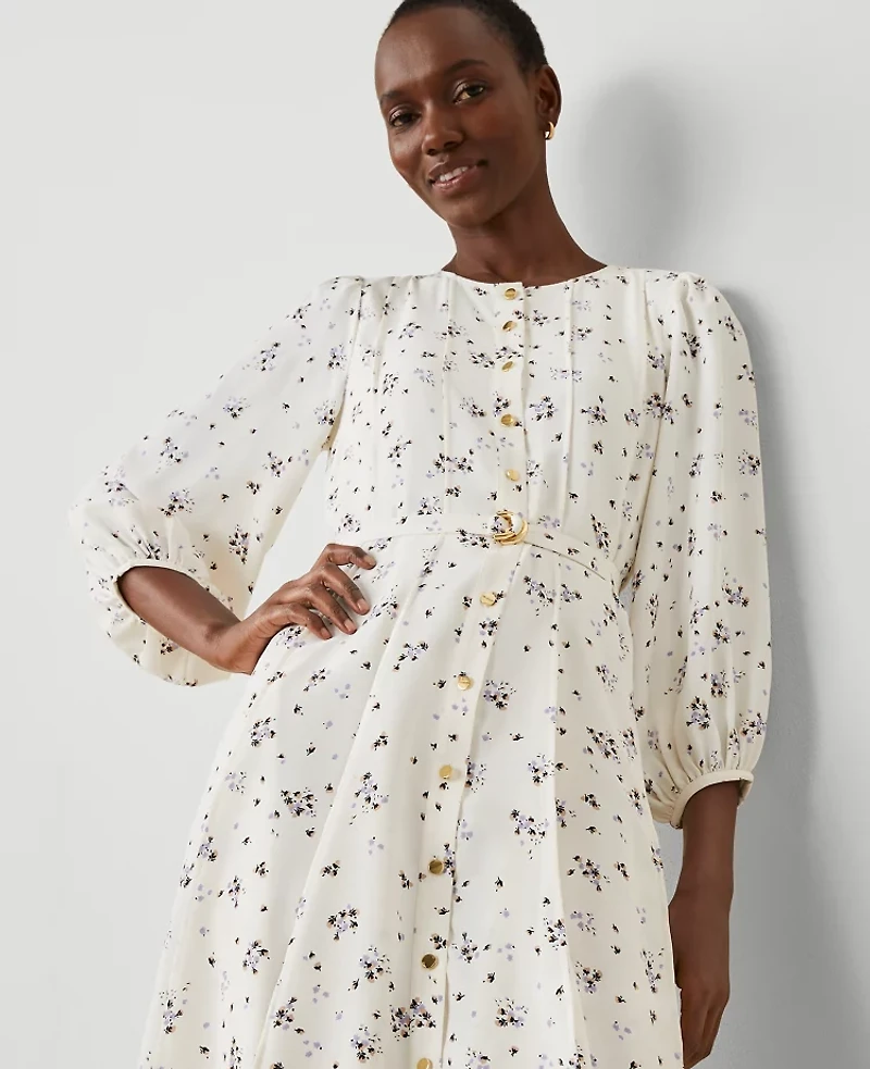 Ann Taylor Petite Floral Seamed Flare Dress Size 4 Winter White Women's