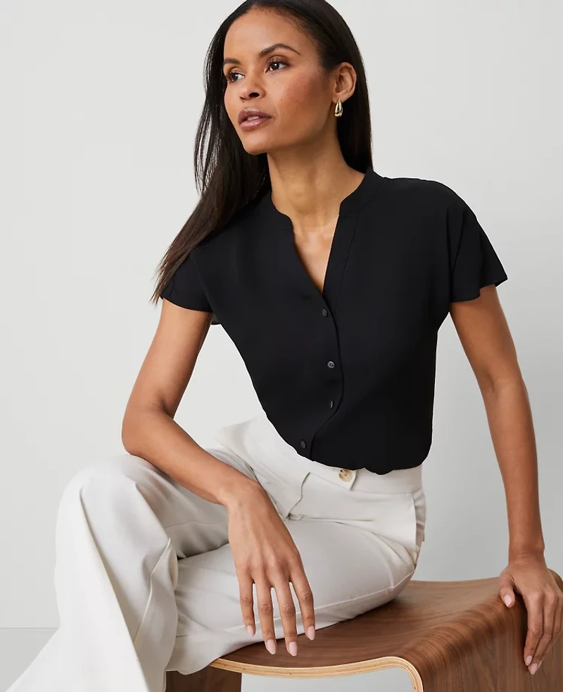 Ann Taylor Split Neck Blouse Size 2XS Black Women's