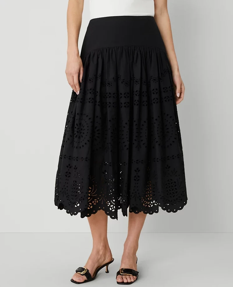Ann Taylor Petite Eyelet Yoke Midi Skirt Black Women's