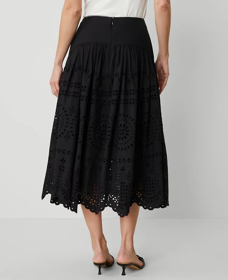 Ann Taylor Petite Eyelet Yoke Midi Skirt Black Women's