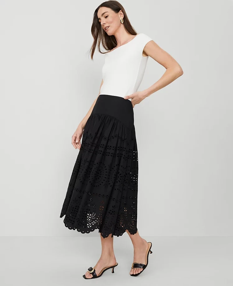Ann Taylor Petite Eyelet Yoke Midi Skirt Black Women's