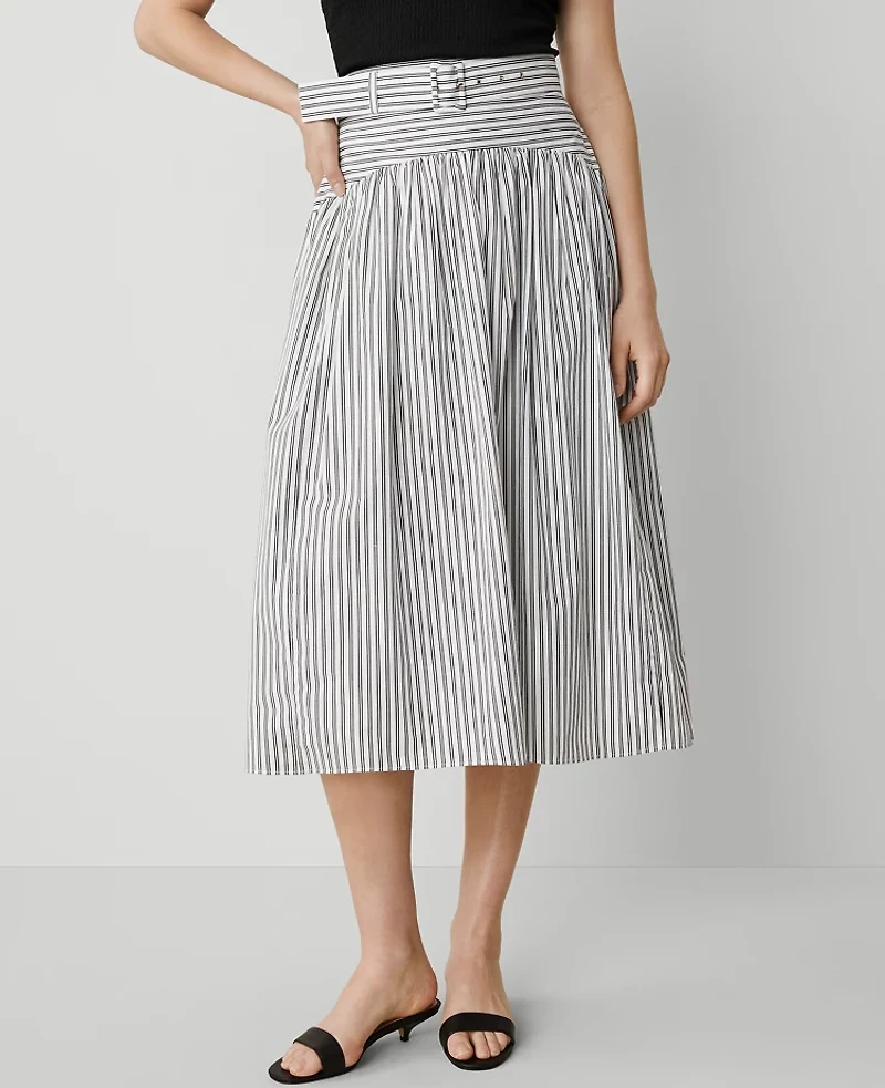 Ann Taylor Petite Striped Belted Yoke Midi Skirt Black Women's