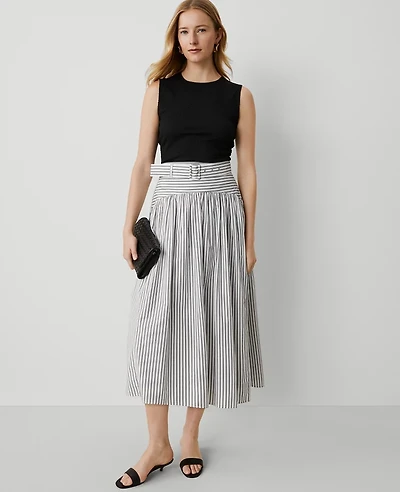 Ann Taylor Petite Striped Belted Yoke Midi Skirt Size 6 Black Women's