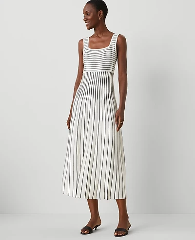 Ann Taylor Petite Striped Pleated Sweater Tank Top Dress White/Black Multi Women's