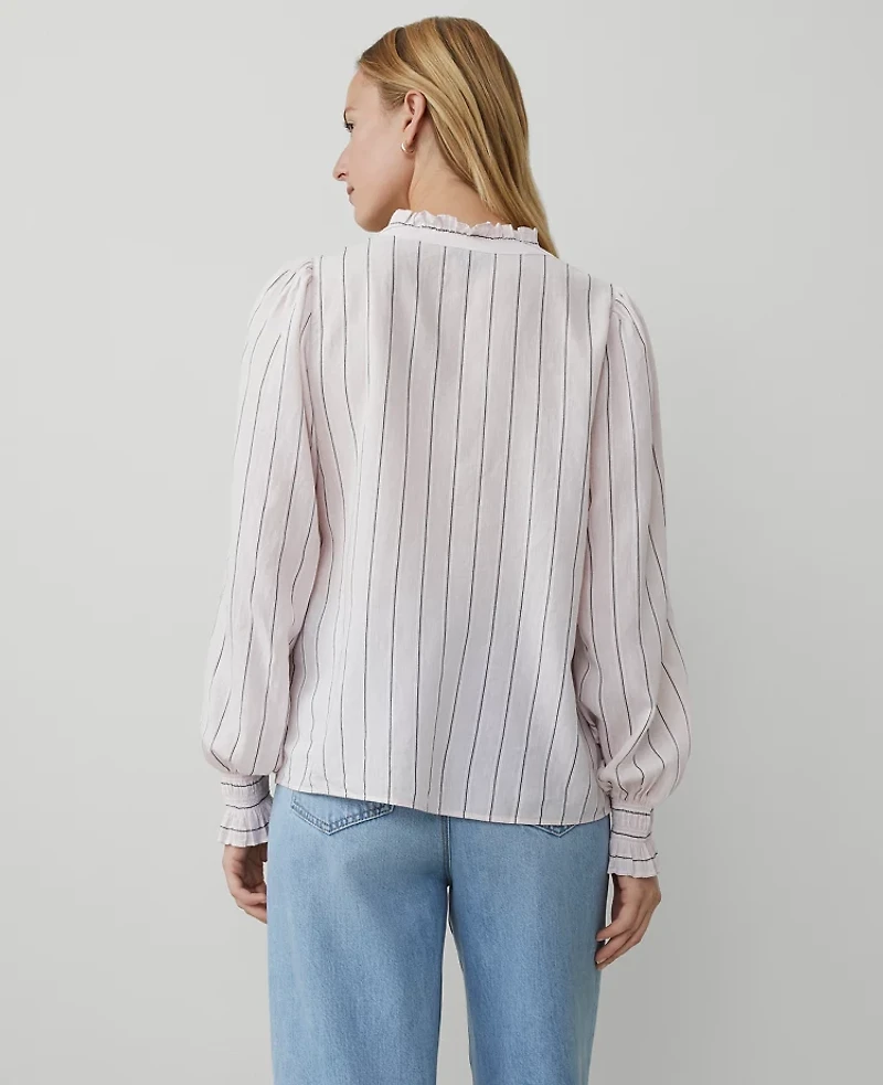 Ann Taylor Tall Striped Cutout Smocked Cuff Blouse Size Large Pink / Navy Women's