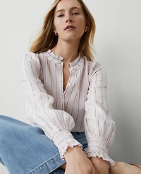 Ann Taylor Tall Striped Cutout Smocked Cuff Blouse Size Large Pink / Navy Women's