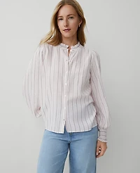 Ann Taylor Tall Striped Cutout Smocked Cuff Blouse Size Large Pink / Navy Women's