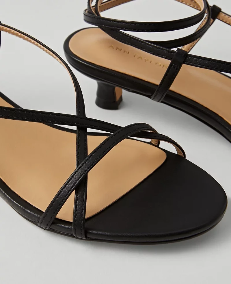 Ann Taylor Leather Strappy Ankle Wrap Kitten Heel Sandals Women's