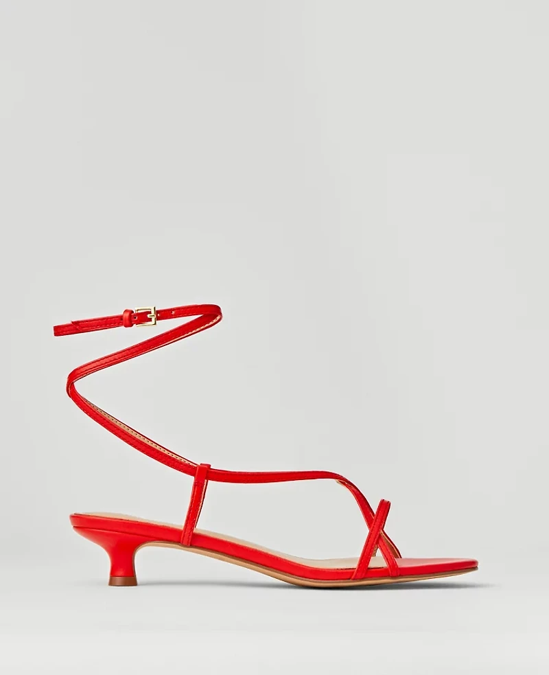 Ann Taylor Leather Strappy Ankle Wrap Kitten Heel Sandals Red Pepper Women's