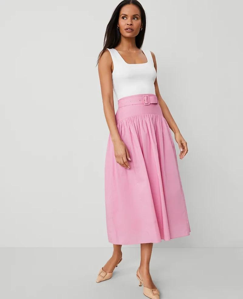 Ann Taylor Petite Belted Yoke Midi Skirt Enchanted Pink Women's