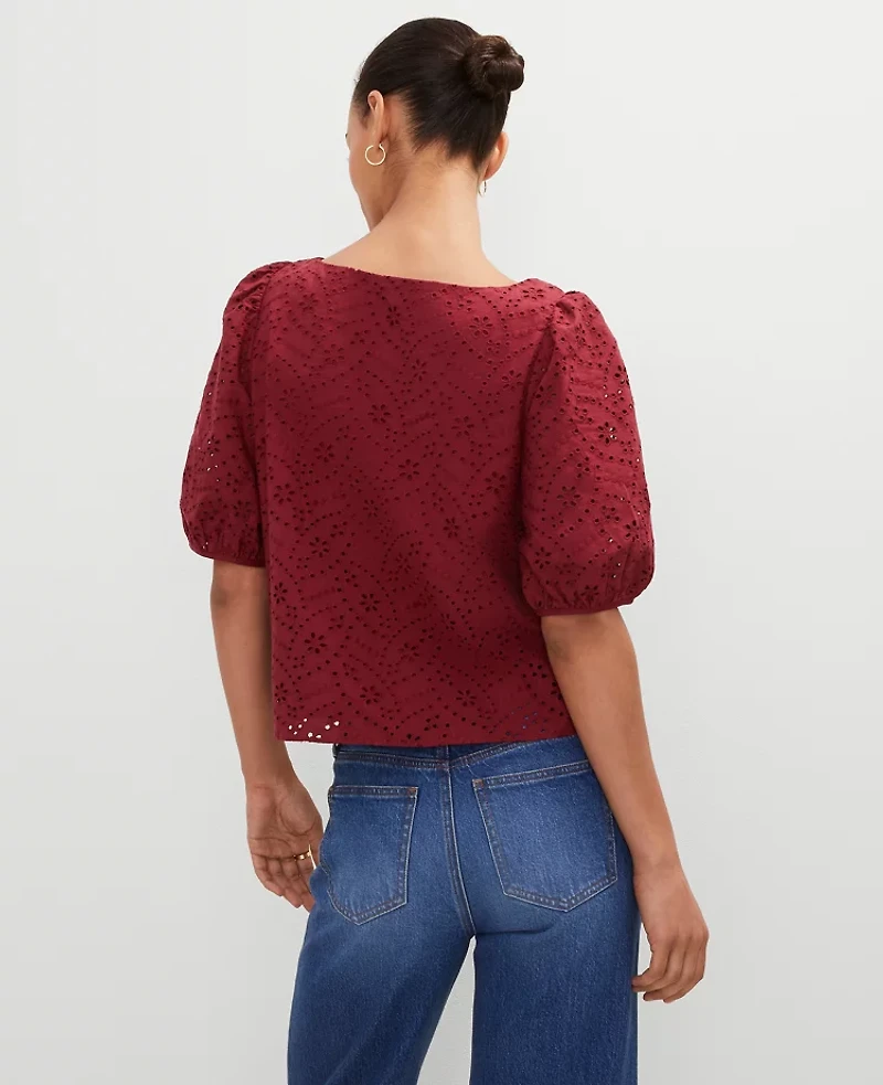 Ann Taylor Eyelet Boatneck Popover Top Size Medium Moroccan Red Women's