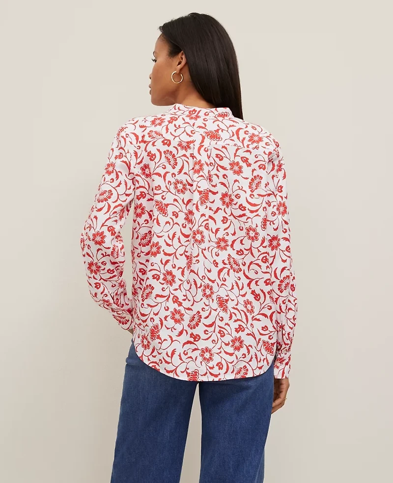 Ann Taylor Floral Relaxed Linen Perfect Shirt Size Medium Fiery Red Women's