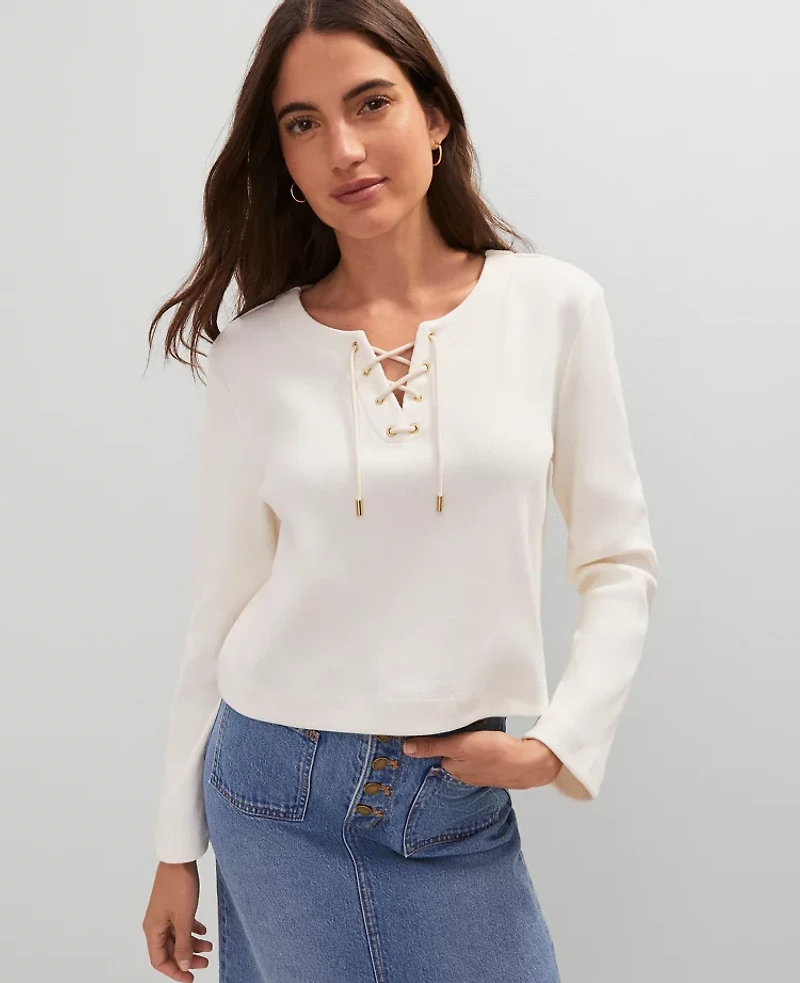 Ann Taylor Petite Weekend Collection Lace-Up Top Size Medium Winter White Women's