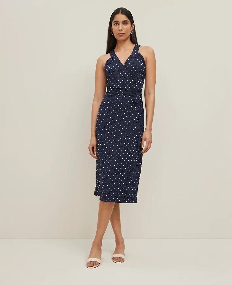 Ann Taylor Polka Dot Halter Wrap Midi Dress Size Large Night Sky-White Women's