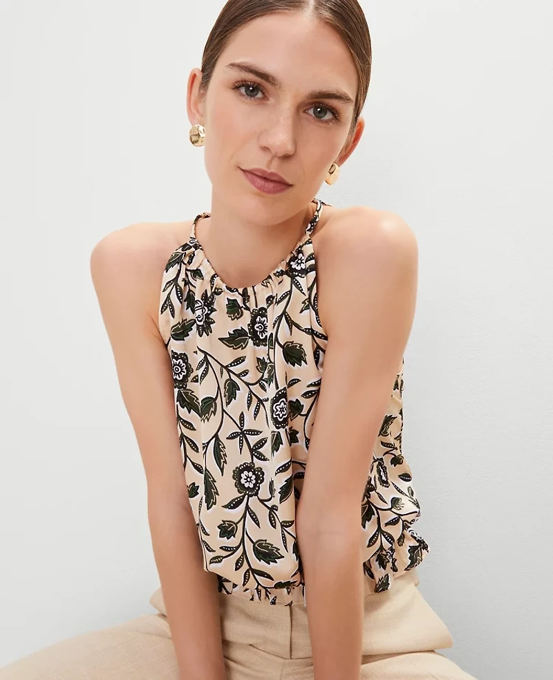 Ann Taylor Floral Shirred Tank Top Sands Edge Women's