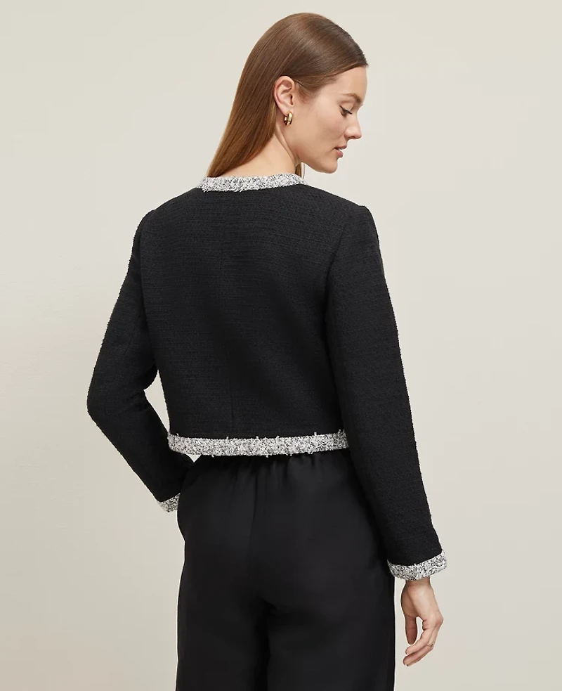 Ann Taylor Petite Trimmed Tweed Cropped Jacket Size 2 Black Women's
