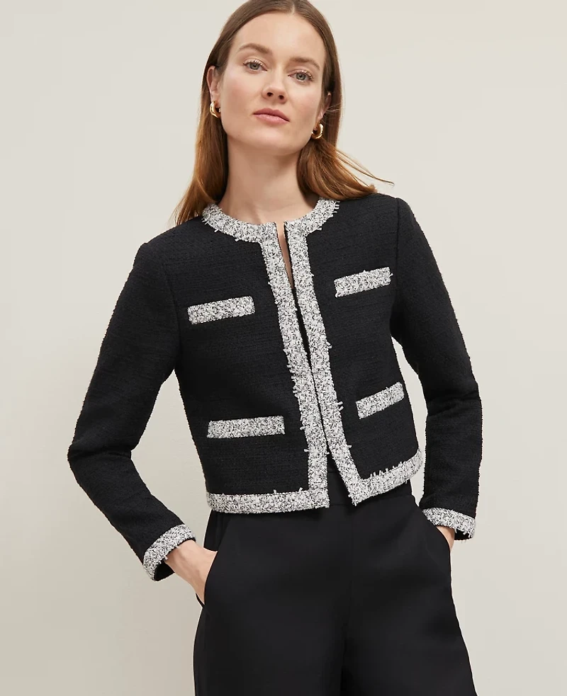 Ann Taylor Petite Trimmed Tweed Cropped Jacket Size 2 Black Women's