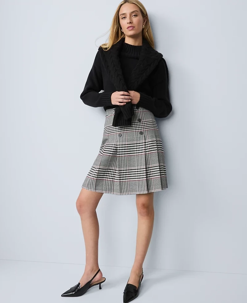 Ann Taylor Plaid Pleated Skirt Black Women's