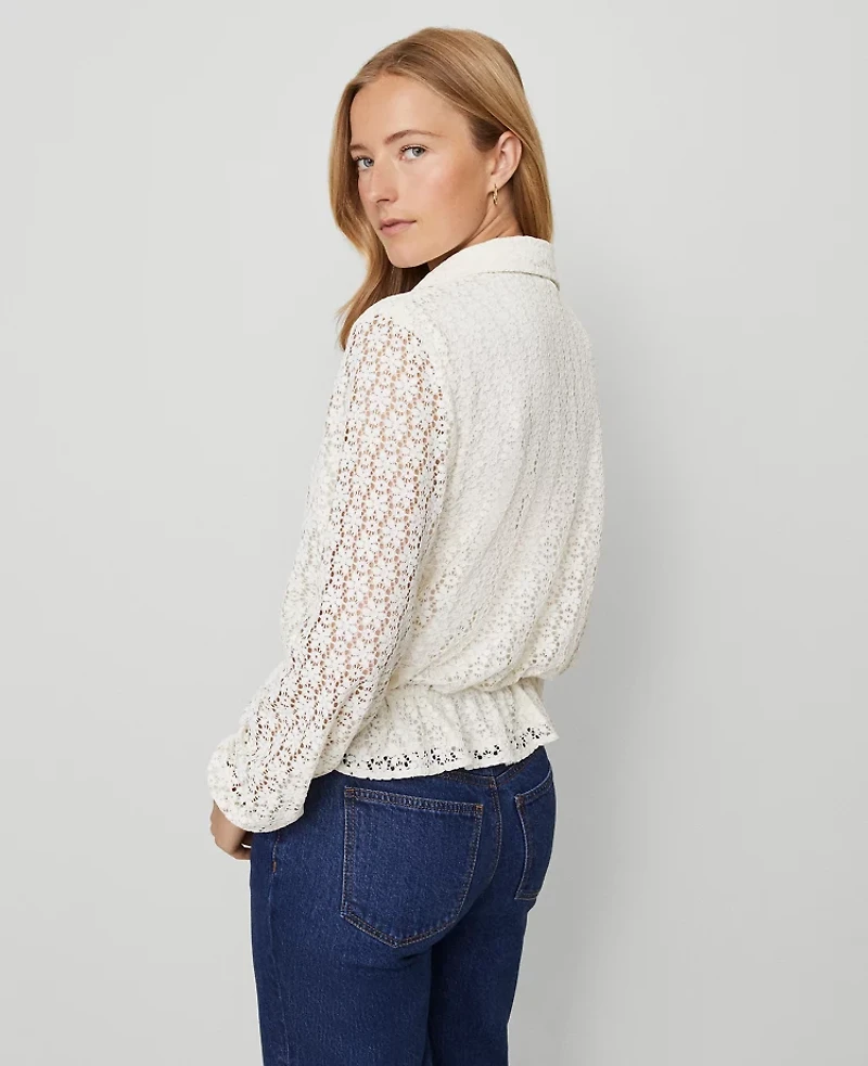 Ann Taylor Weekend Collection Lace Tie Waist Popover Top Winter White Women's