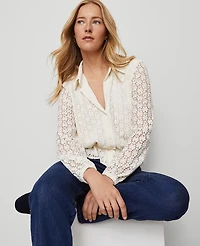 Ann Taylor Weekend Collection Lace Tie Waist Popover Top Winter White Women's