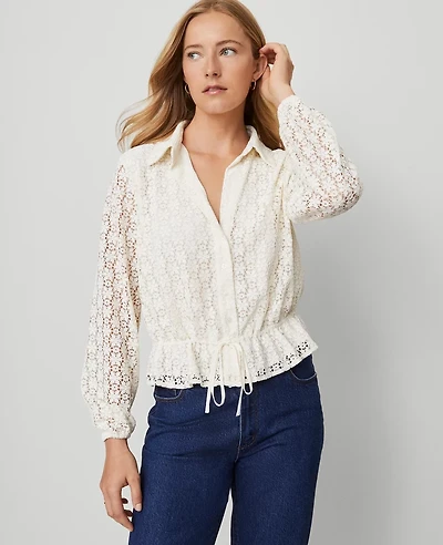 Ann Taylor Weekend Collection Lace Tie Waist Popover Top Winter White Women's