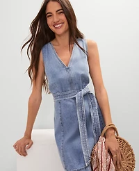 Ann Taylor Weekend Collection Belted Flare Denim Dress Light Indigo Wash Women's
