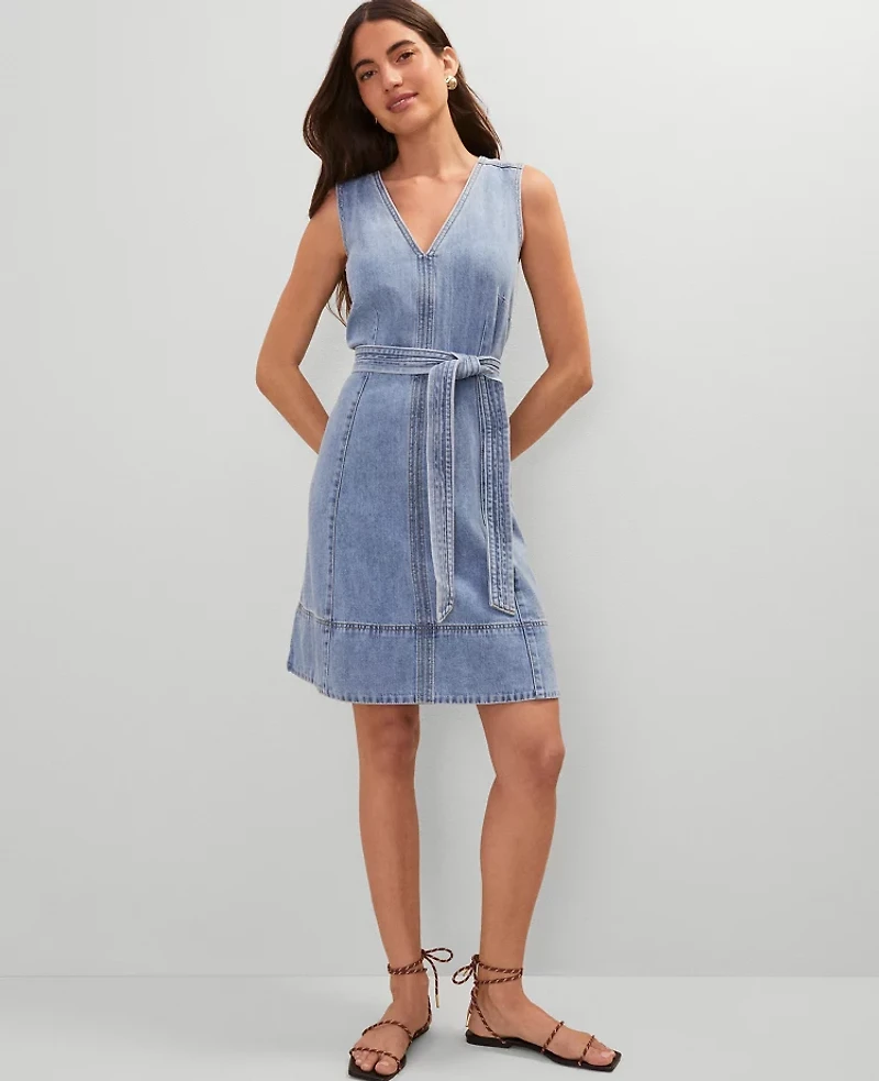 Ann Taylor Weekend Collection Belted Flare Denim Dress Light Indigo Wash Women's