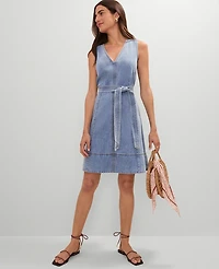 Ann Taylor Weekend Collection Belted Flare Denim Dress Light Indigo Wash Women's