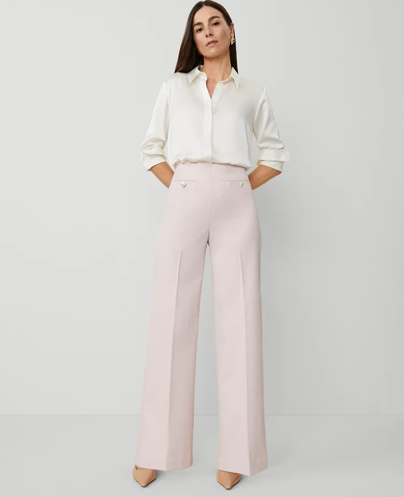 Ann Taylor The Petite Button Trim Sailor Wide-Leg Pant in Houndstooth Size 12 Pink/White Combo Women's