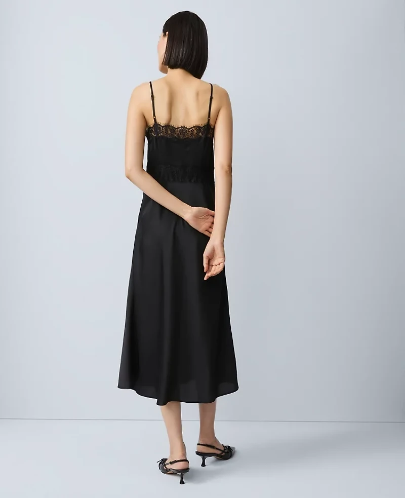 Ann Taylor Lace Trim Satin Slip Midi Dress Black Women's