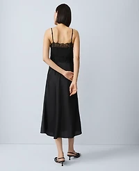 Ann Taylor Lace Trim Satin Slip Midi Dress Black Women's