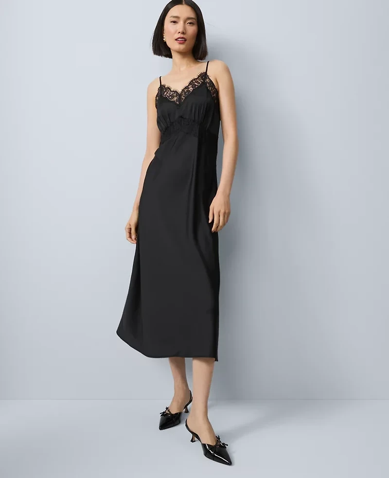 Ann Taylor Lace Trim Satin Slip Midi Dress Black Women's