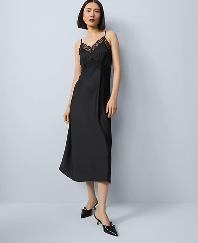 Ann Taylor Lace Trim Satin Slip Midi Dress Black Women's