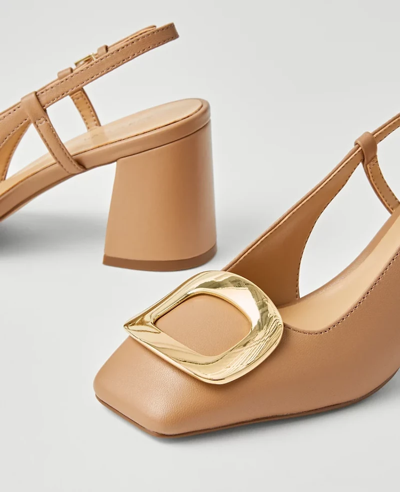 Ann Taylor Leather Block Heel Buckle Slingback Pumps Desert Sand Women's