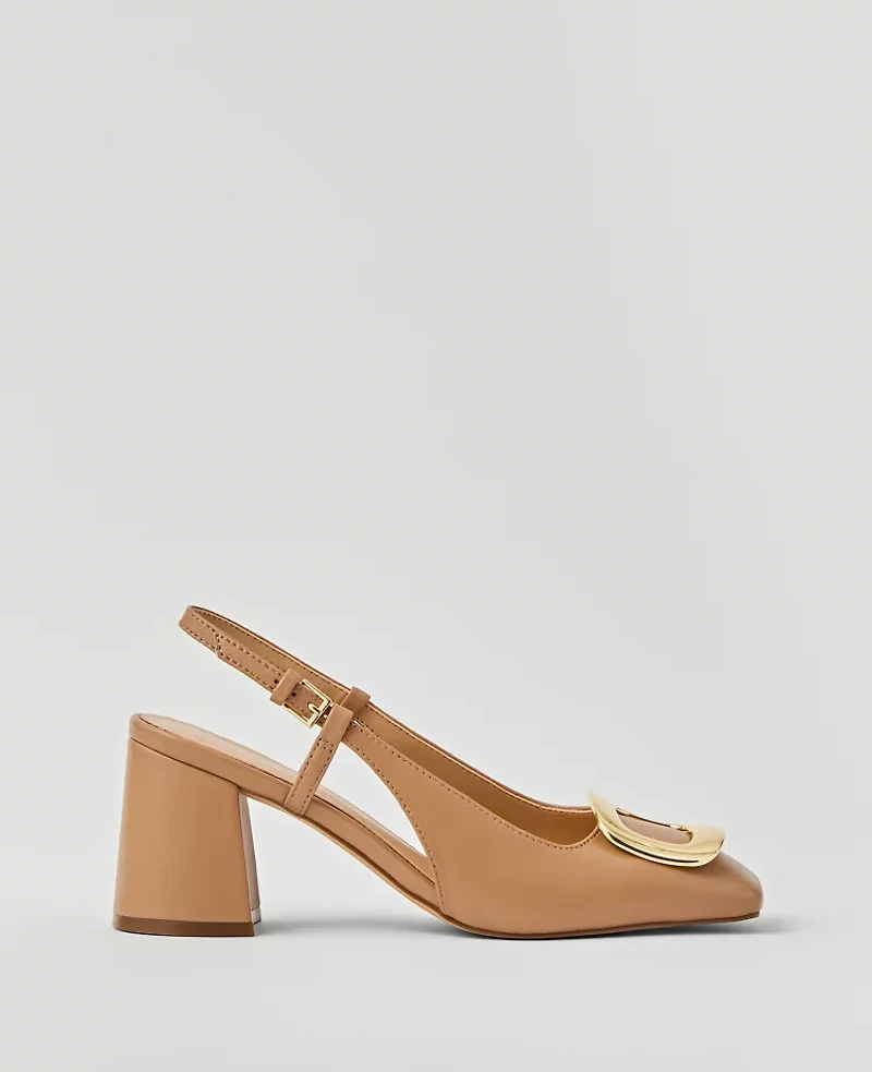 Ann Taylor Leather Block Heel Buckle Slingback Pumps Desert Sand Women's