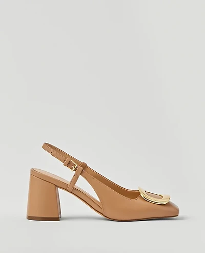 Ann Taylor Leather Block Heel Buckle Slingback Pumps Size 6 1/2 Desert Sand Women's