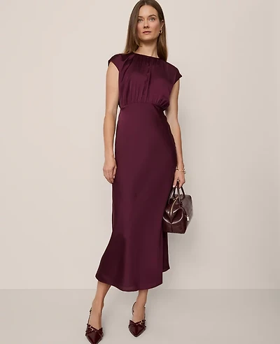 Ann Taylor Gathered Satin Midi Dress Poised Plum Women's