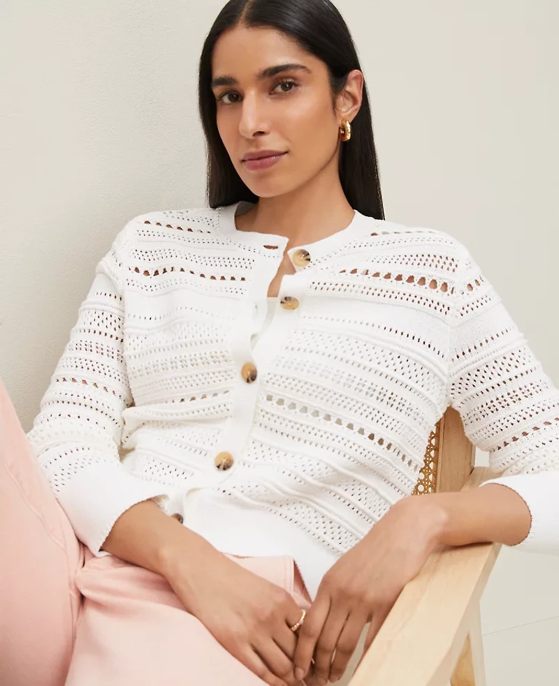Ann Taylor Petite Pointelle Textured Cardigan Size Large White Women's