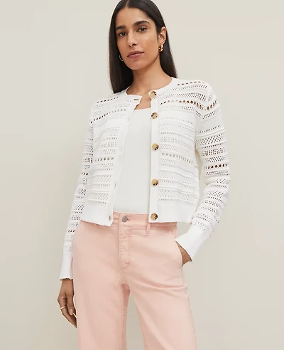 Ann Taylor Petite Pointelle Textured Cardigan Size Large White Women's