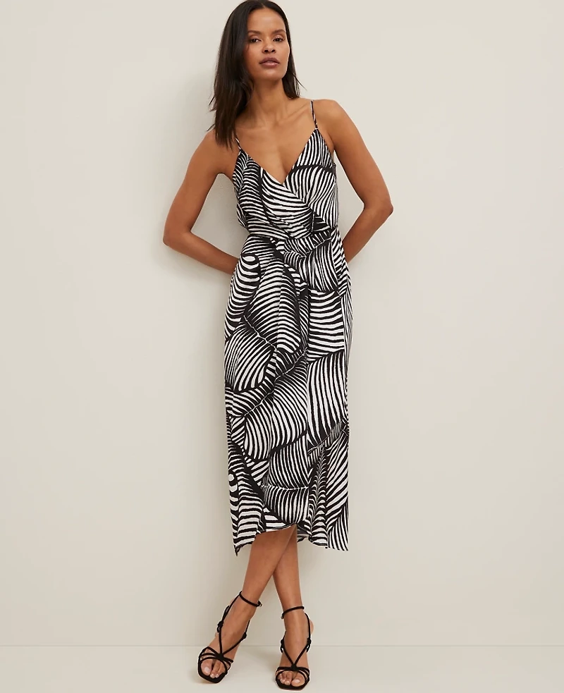 Ann Taylor Satin Strappy Sheath Dress Palm Print Black Women's
